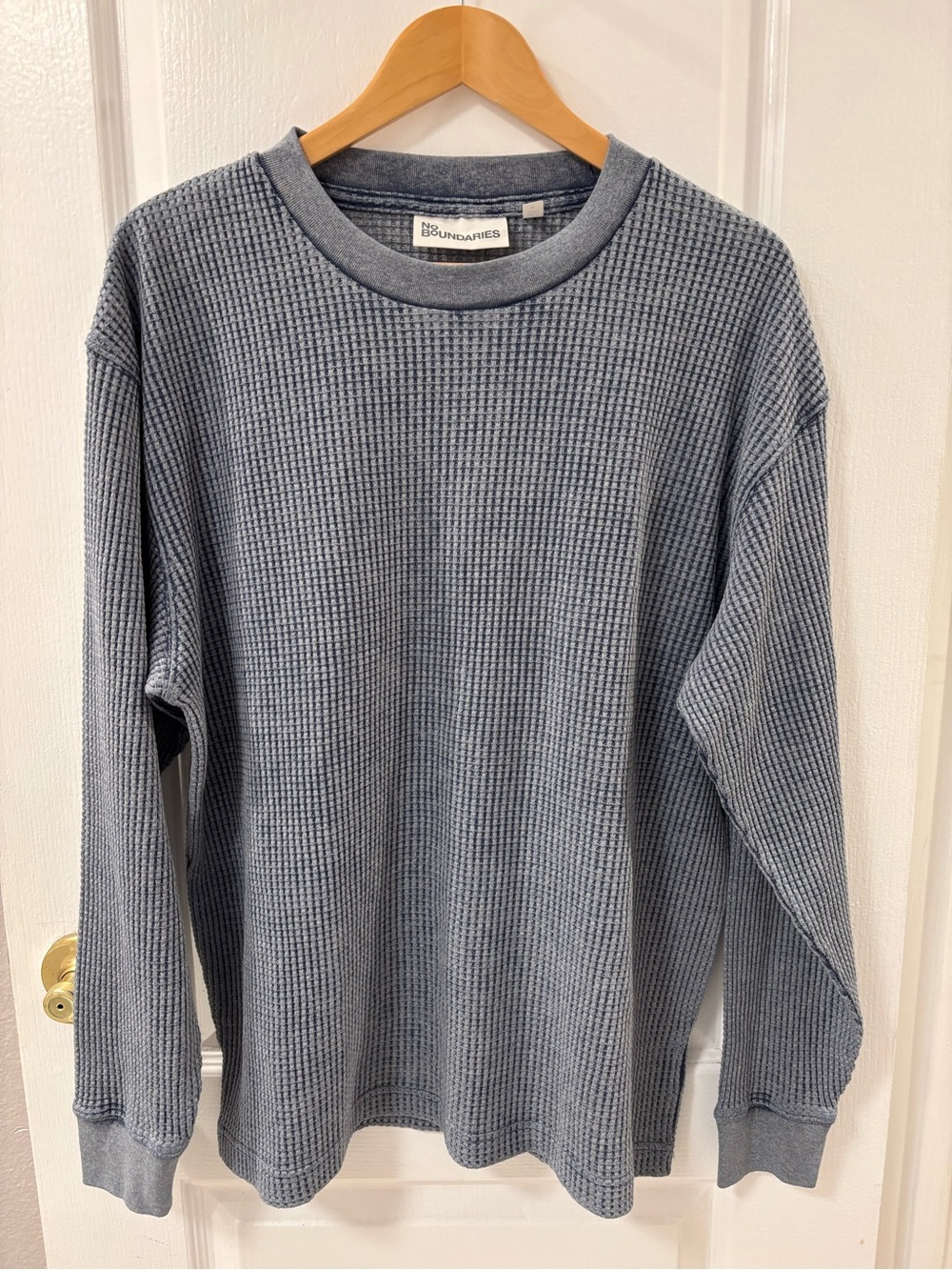 Waffle Knit Thermal Long Sleeve Tee Shirt Blue Gray